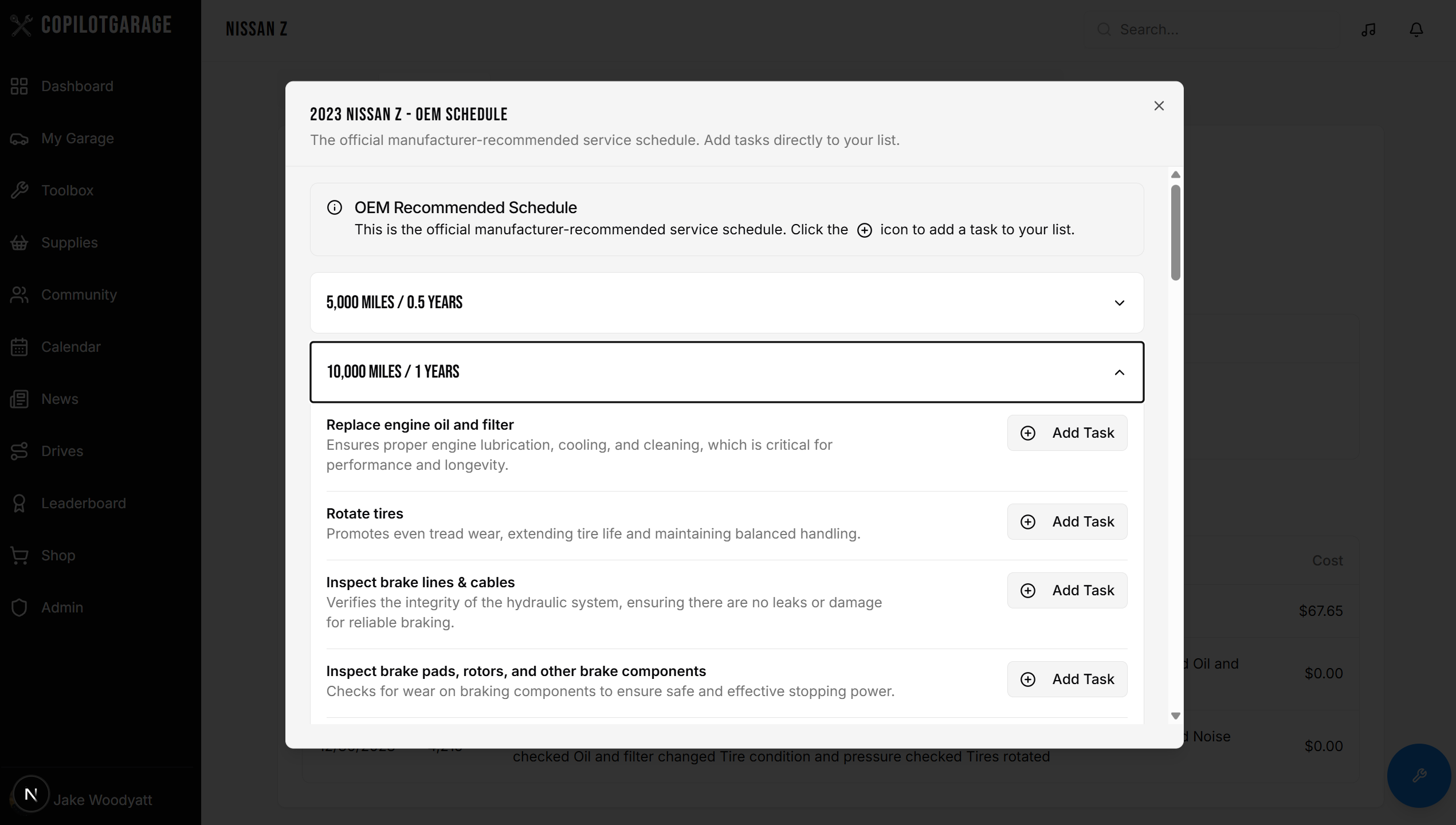 OEM Service Schedule Screenshot